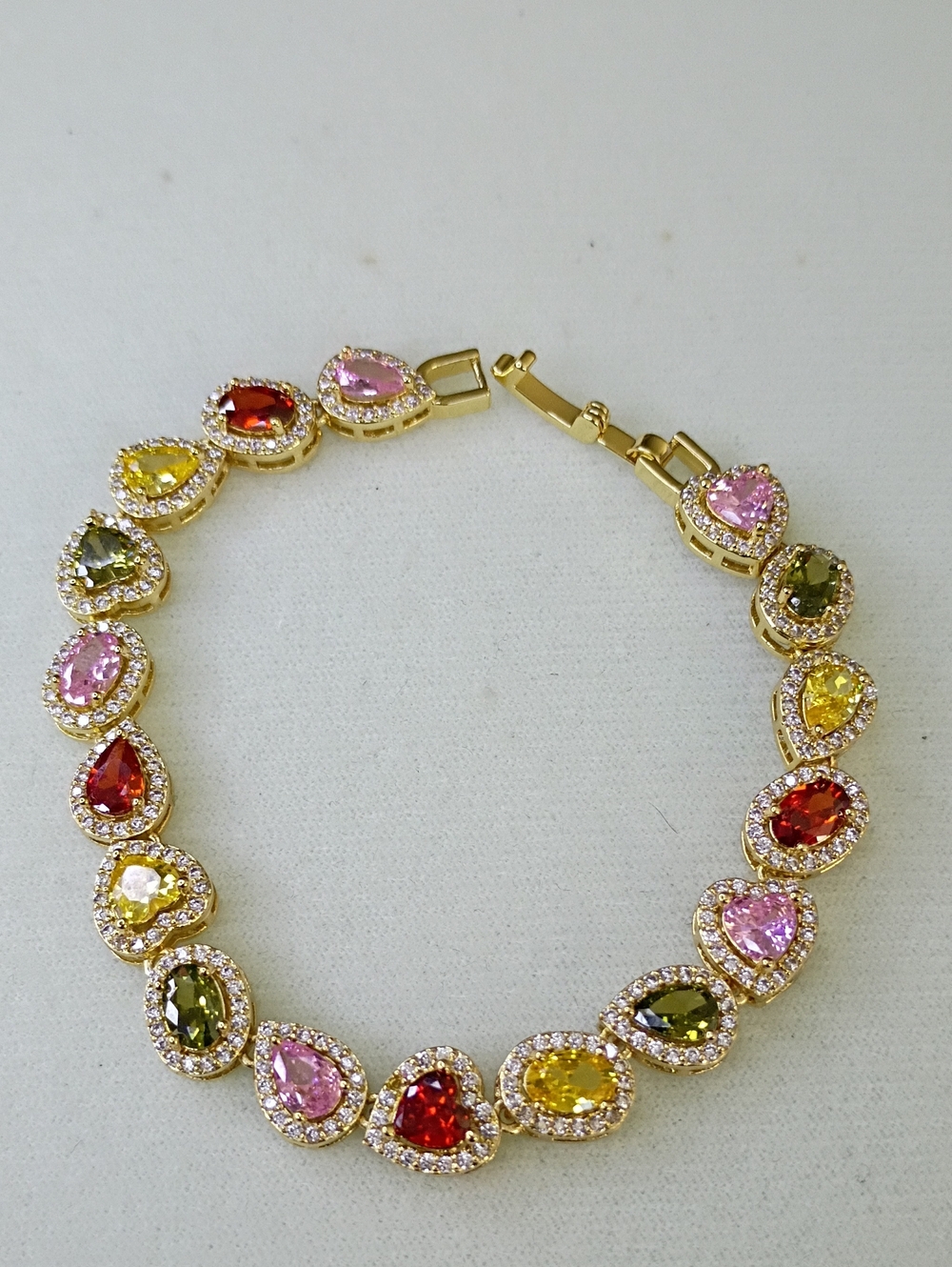 New Gold-Tone Multi-Color Teardrop Crystal Bracelet - Pink, Red, Yellow, Green